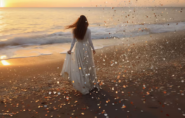 woman white dress walks beach with confetti falling her 889227 21459